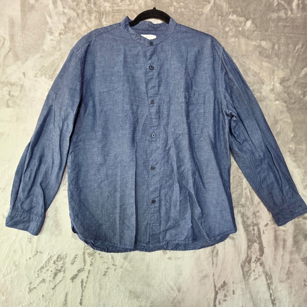 Uniqlo Blue Cotton Linen Band Collar Button Down Shirt 464933 Womens Medium